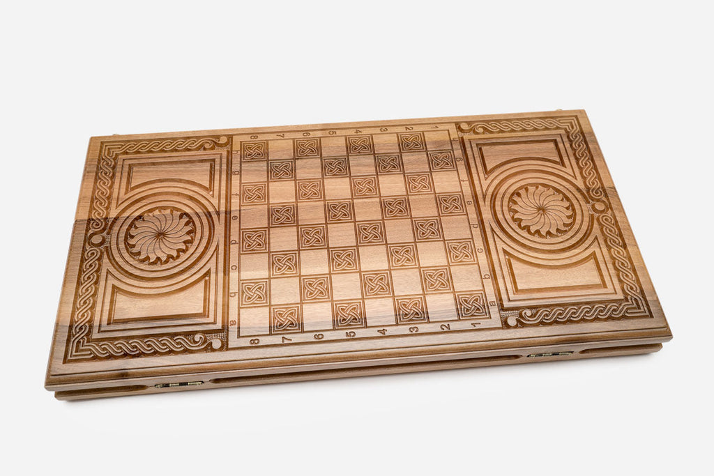Walnut backgammon set open to the 23.6 inch / 60 cm nardi playing field