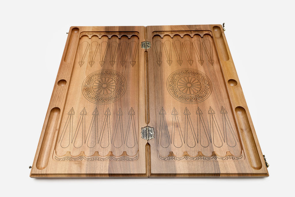 Luxury walnut Armenian backgammon set with bronze hinges and clasps
