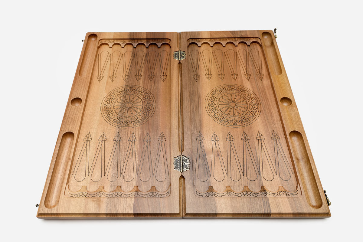 Luxury walnut Armenian backgammon set with bronze hinges and clasps