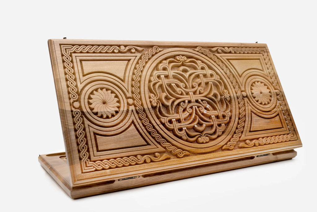 Luxury Walnut Backgammon Set - Central Ornament - hand-carved Armenian board