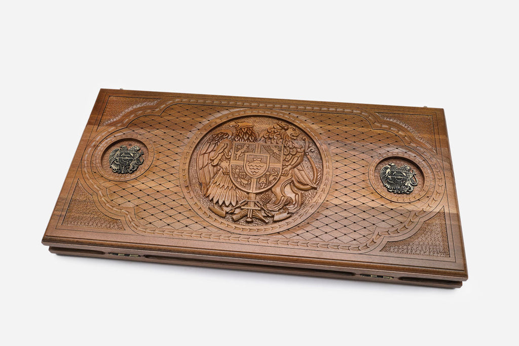 Coat of arms of Armenia backgammon set with 32 checkers, dice and carrying bag