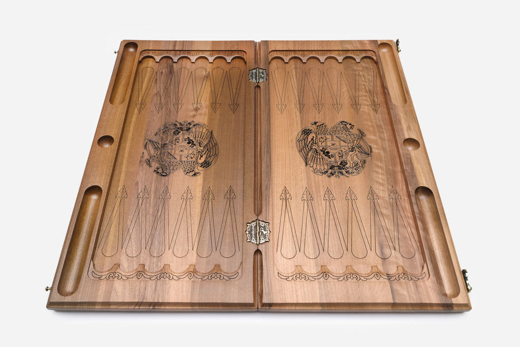 Luxury walnut Armenian backgammon set with bronze details, hinges and clasps