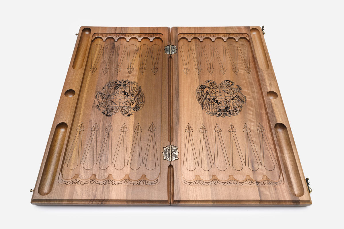 Luxury walnut Armenian backgammon set with bronze details, hinges and clasps