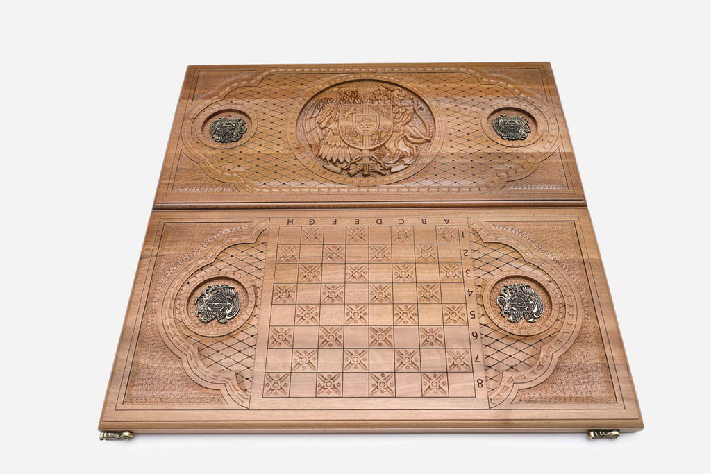 Coat of arms of Armenia with eagle and lion hand-carved in walnut - backgammon board