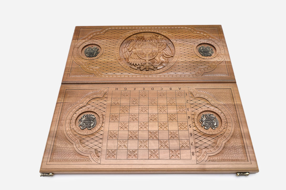 Coat of arms of Armenia with eagle and lion hand-carved in walnut - backgammon board