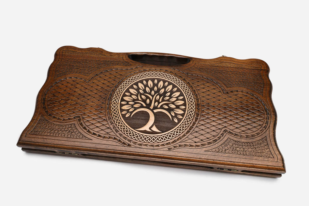 The Armenian backgammon board opened to the full 60 cm wooden playing field
