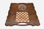 Angled view of the handmade Armenian backgammon set showing the carved lid