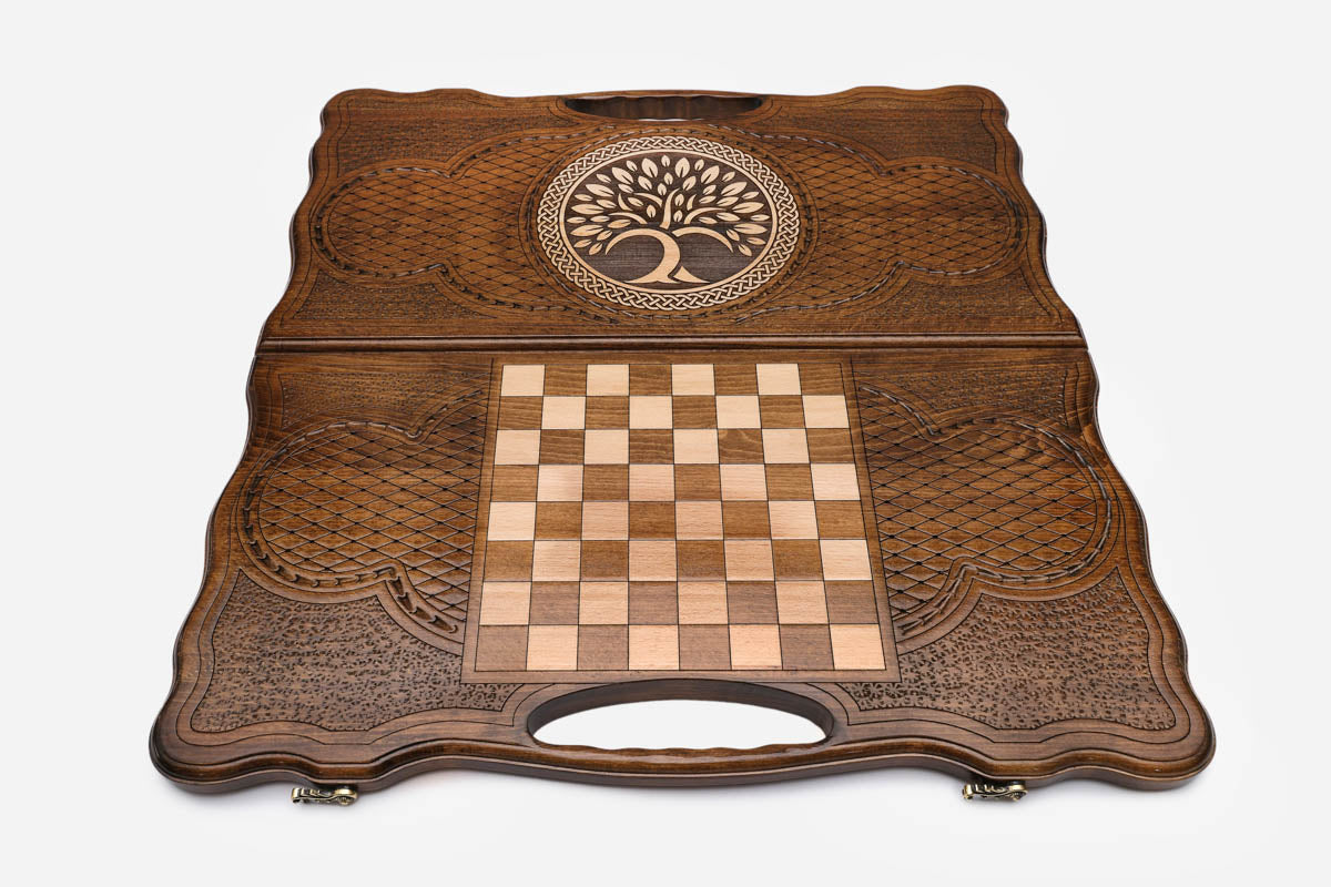 Angled view of the handmade Armenian backgammon set showing the carved lid