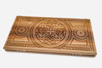 Floral ornament backgammon set with 32 beech and walnut checkers, dice and carrying bag