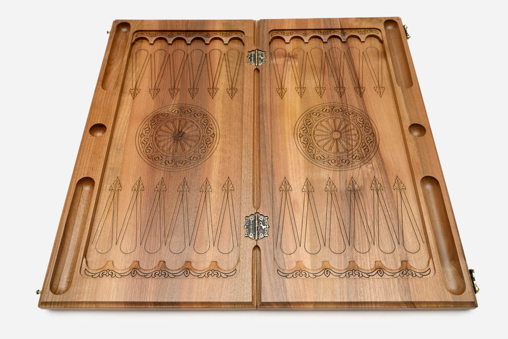 Handmade walnut Armenian backgammon set with bronze hinges and clasps