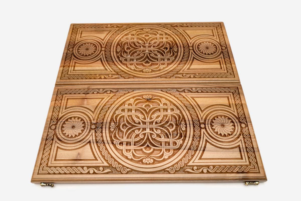 Curling vines and blossoms hand-carved in walnut - Armenian backgammon board detail