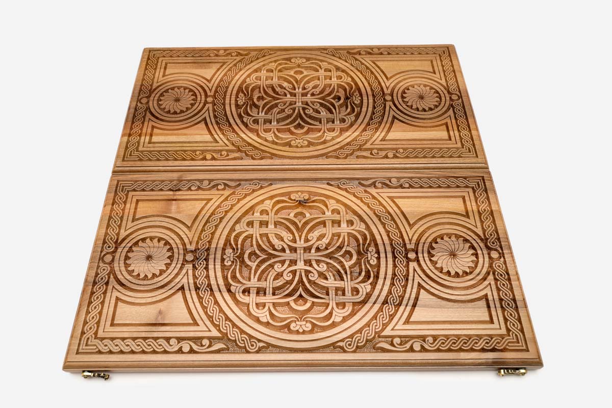 Curling vines and blossoms hand-carved in walnut - Armenian backgammon board detail