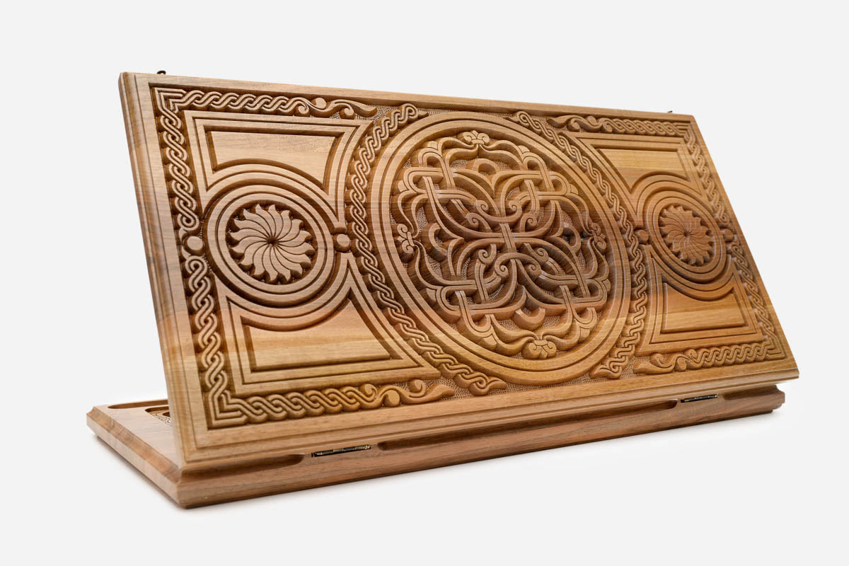 Luxury Walnut Backgammon Set - Floral Ornaments - hand-carved Armenian board