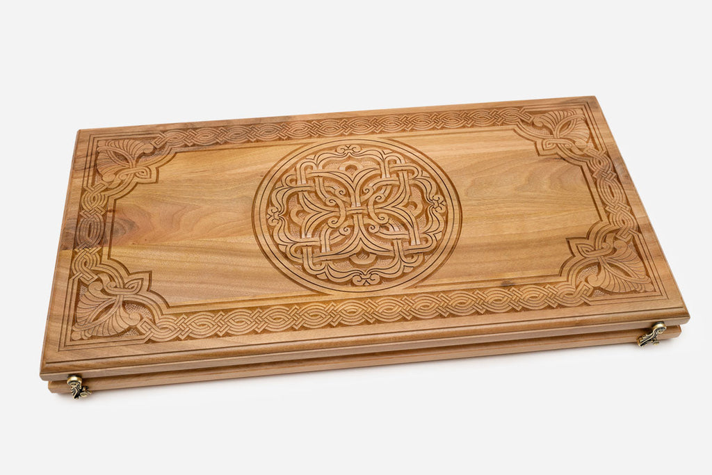 Walnut backgammon set open to the 23.6 inch / 60 cm nardi playing field
