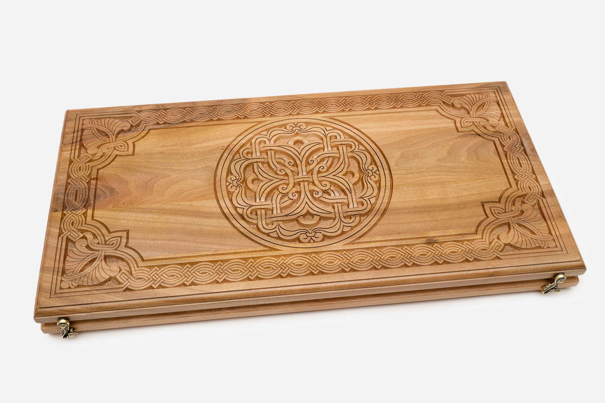 Walnut backgammon set open to the 23.6 inch / 60 cm nardi playing field
