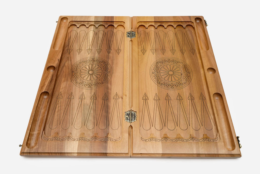 Handmade walnut Armenian backgammon set with bronze hinges and clasps
