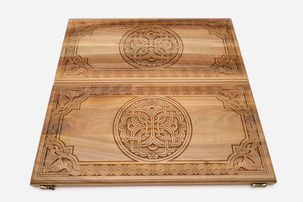 Traditional Armenian ornament hand-carved in walnut - backgammon board detail
