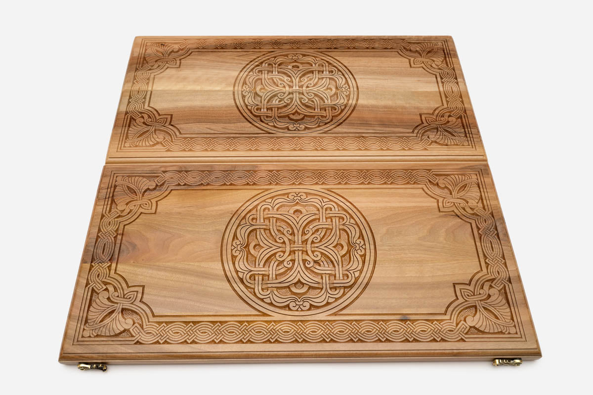 Traditional Armenian ornament hand-carved in walnut - backgammon board detail