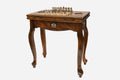 Georgian chess and backgammon table with coat of arms, set up for chess, angled view