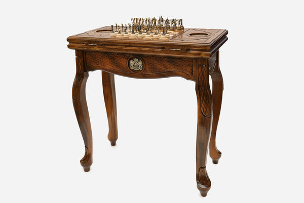 Georgian chess and backgammon table with coat of arms, set up for chess, angled view