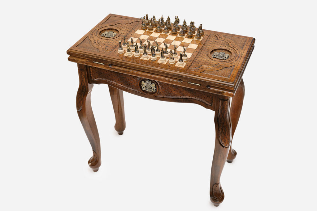 Georgian coat of arms chess and backgammon table, side elevation view