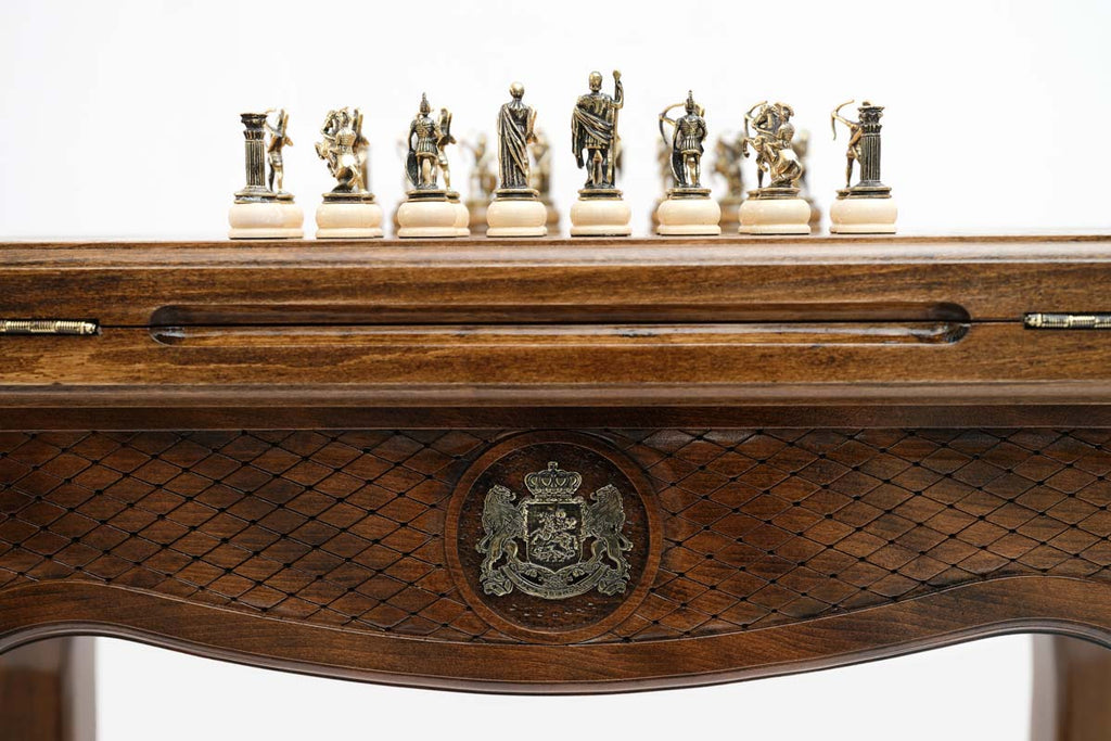 Close-up of the crested checkers and dice cup on the Georgian coat of arms table