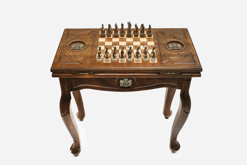 Georgian coat of arms chess and backgammon table set up for chess, straight front view