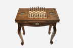 Georgian coat of arms chess and backgammon table set up for chess, straight front view