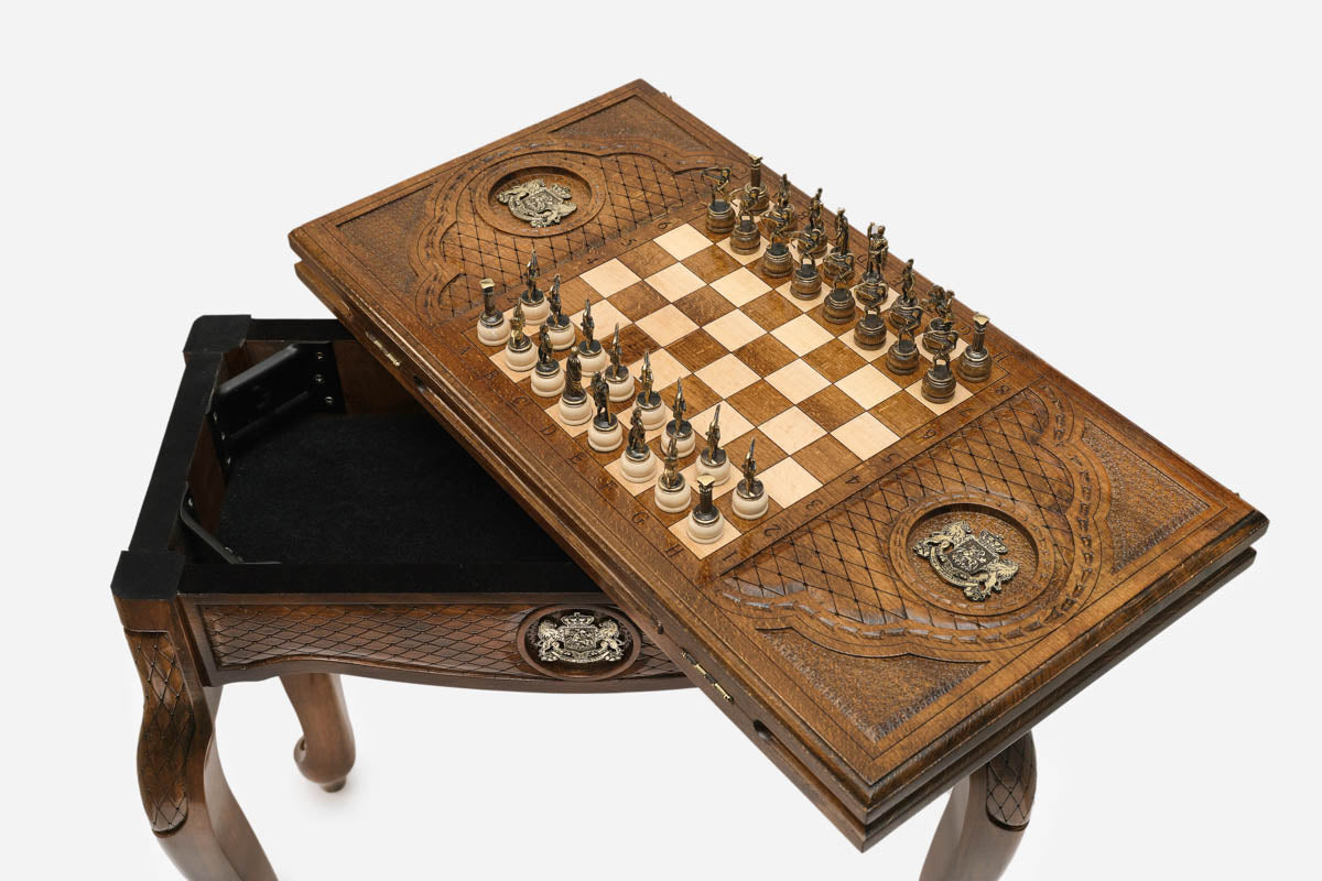 Georgian coat of arms table opening to reveal the backgammon compartment