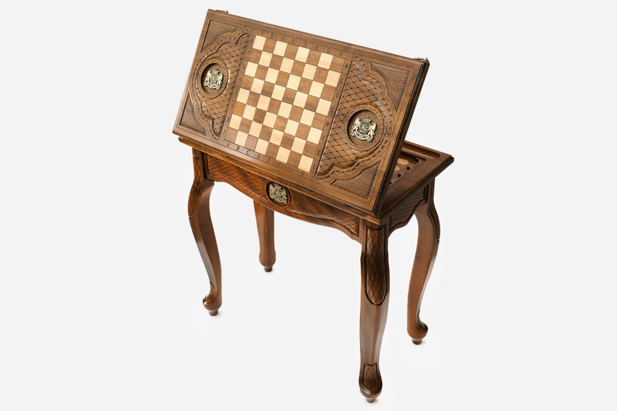 Georgian coat of arms chess and backgammon table with chess pieces set up, front view