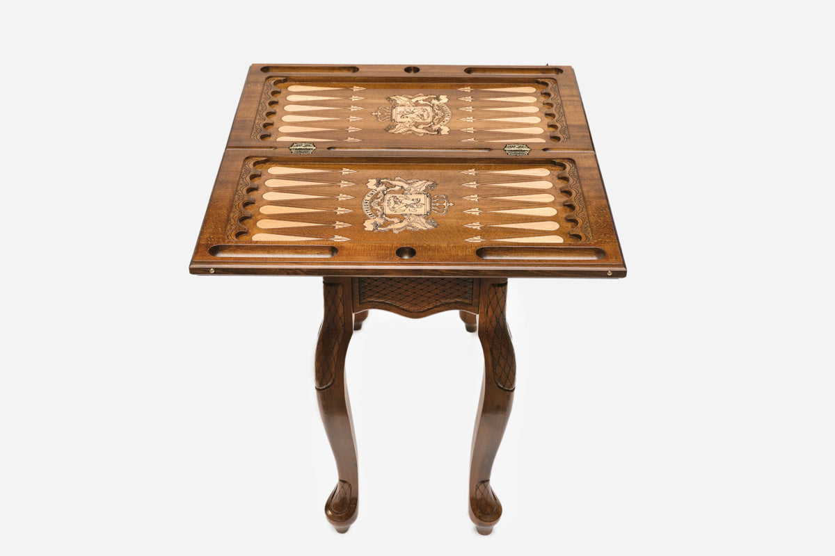 Georgian coat of arms table opened flat for backgammon, top-down view