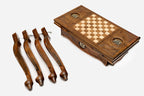 Georgian coat of arms chess and backgammon table closed, front view with the drawer