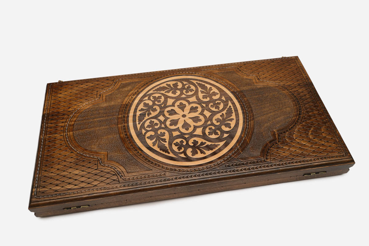 Full-size wooden chess set with ornament frame