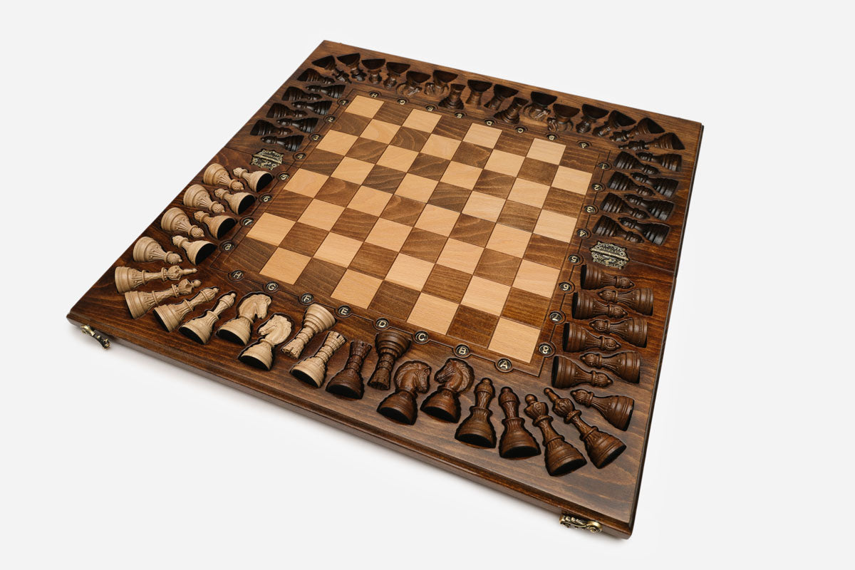 Ornament-framed chess board, open view