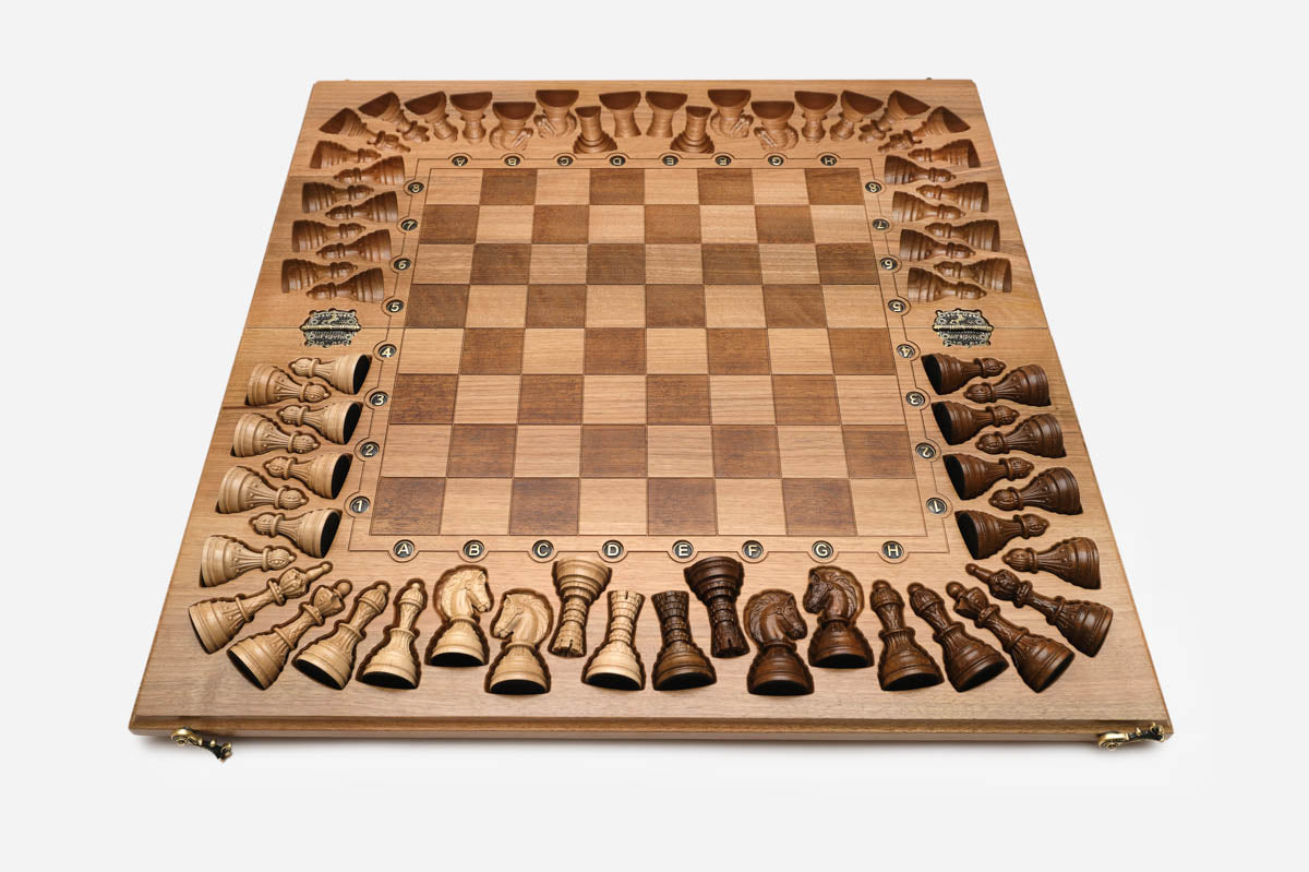 Full-size walnut chessboard with Tree of Life