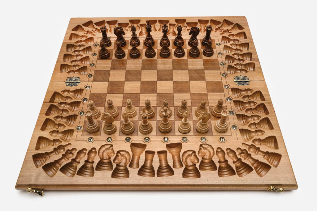 Luxury walnut chess set with the Tree of Life carved across the board