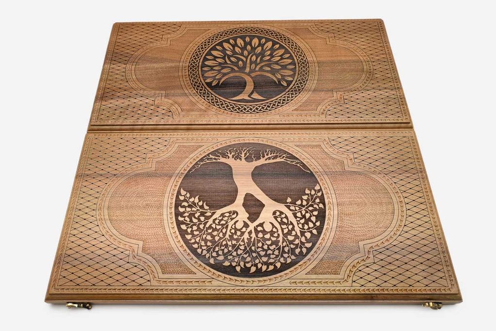 Tree of Life walnut chess set shown folded