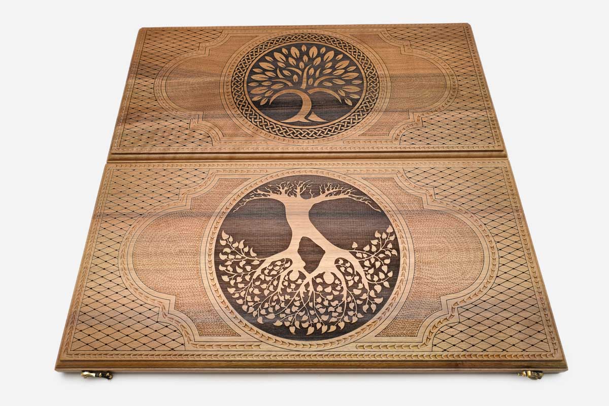 Tree of Life walnut chess set shown folded