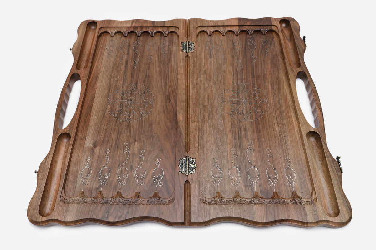 Handmade walnut Armenian backgammon set with bronze hinges and clasps