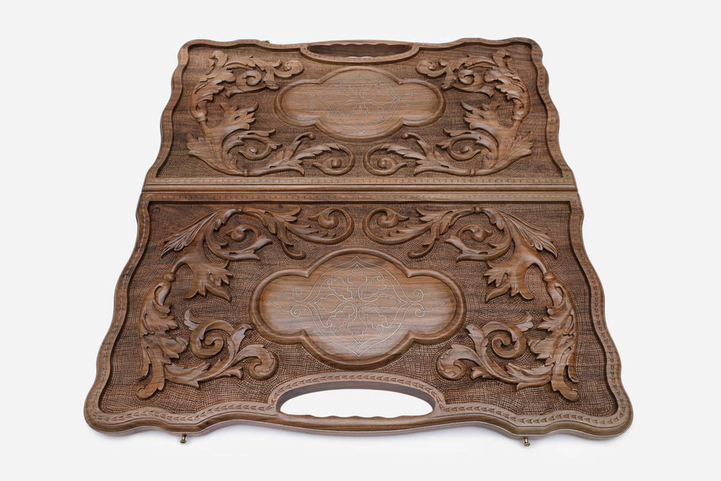 Interlaced Armenian ornament hand-carved in dark walnut - backgammon board detail