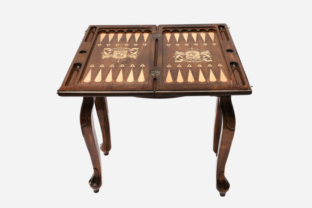 Georgian coat of arms backgammon table closed, angled view of the legs