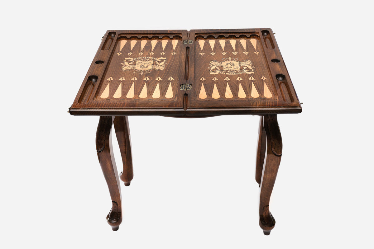 Georgian coat of arms backgammon table closed, angled view of the legs
