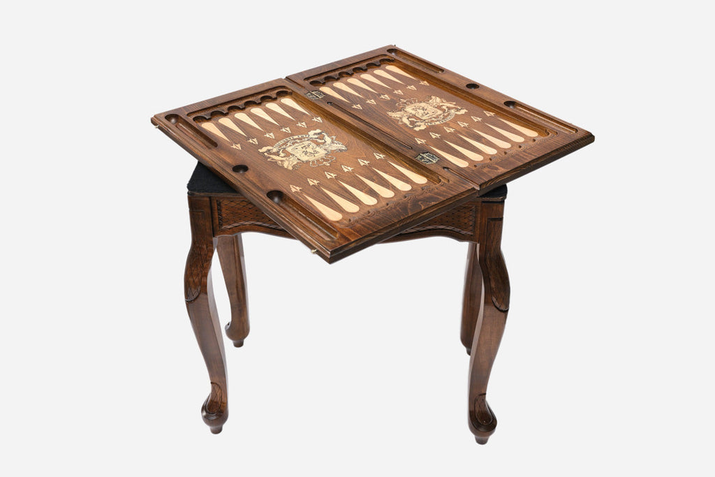 Georgian coat of arms backgammon table closed, front view showing the bronze crests