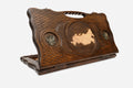 Carved Russian backgammon board with the map of Russia, bronze eagles and a cut-out carry handle, propped open