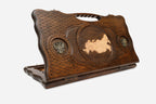 Carved Russian backgammon board with the map of Russia, bronze eagles and a cut-out carry handle, propped open