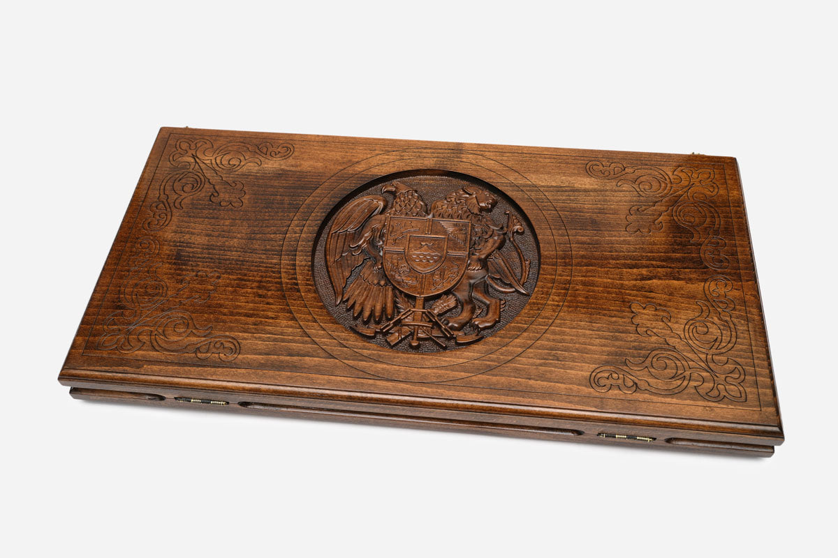 Eagle and lion coat of arms backgammon set with 32 checkers, dice and carrying bag