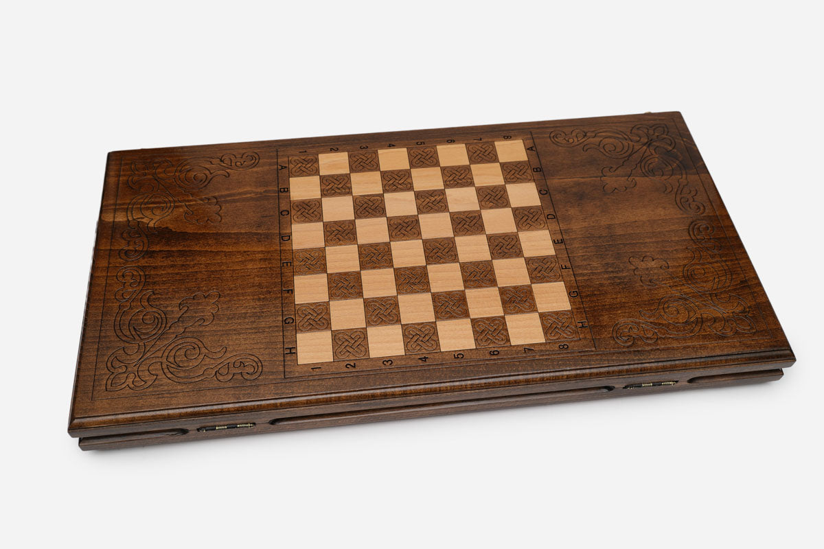 Armenian backgammon set open to the 23.6 inch / 60 cm nardi playing field