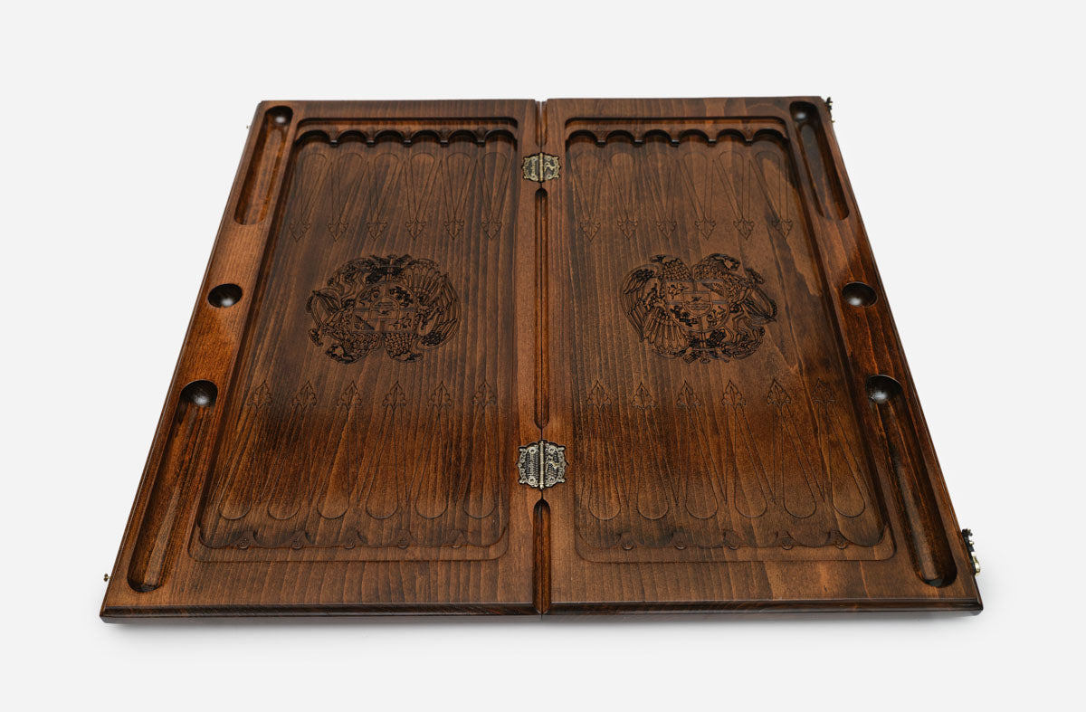 Handmade Armenian backgammon set with bronze hinges and clasps - coat of arms