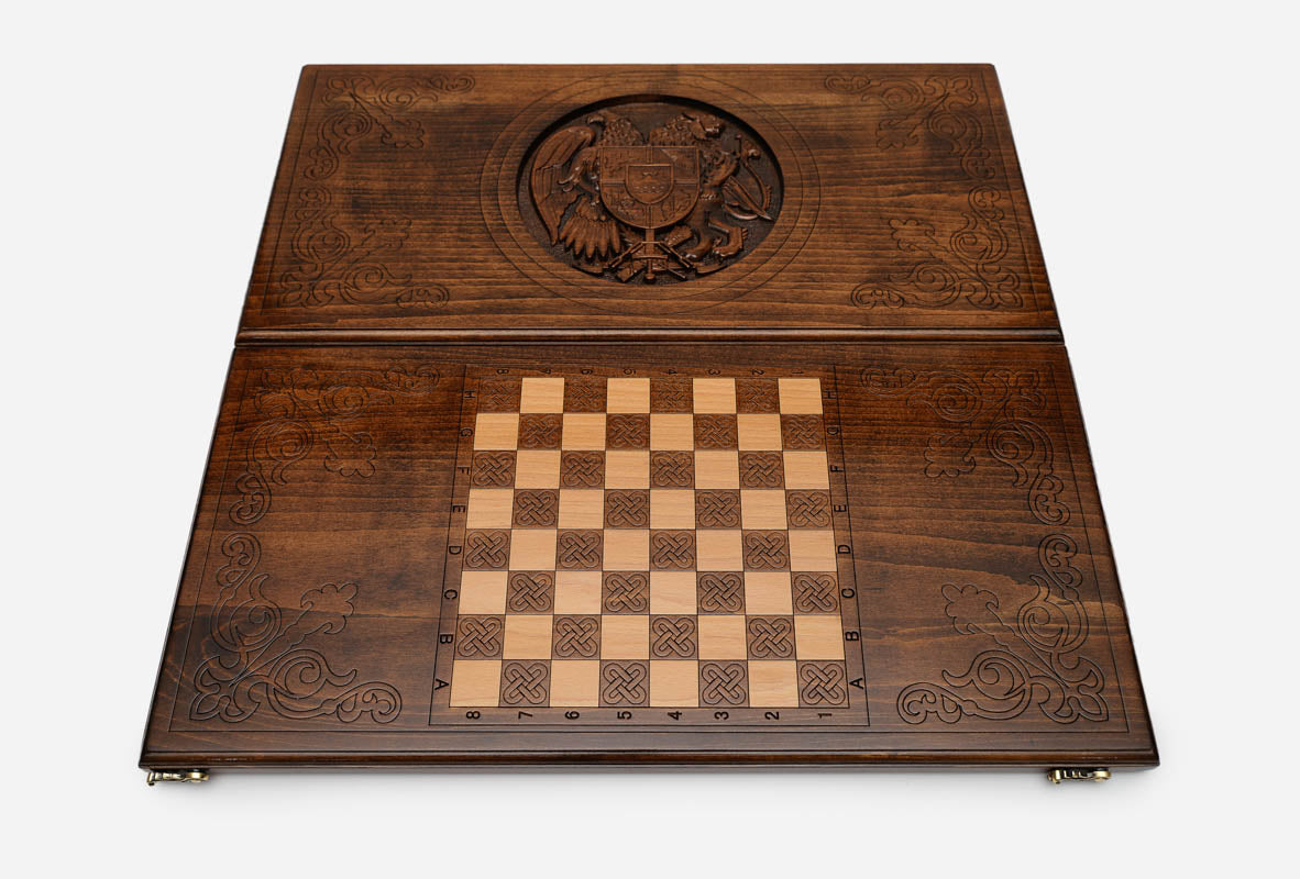 Eagle and lion holding the shield of Ararat hand-carved in wood - backgammon board