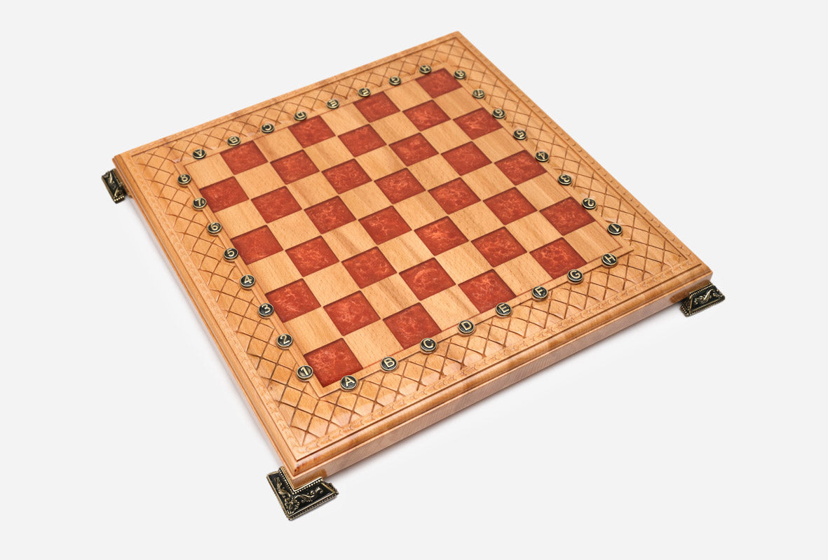 Overhead view of the red epoxy board with brass coordinate markers